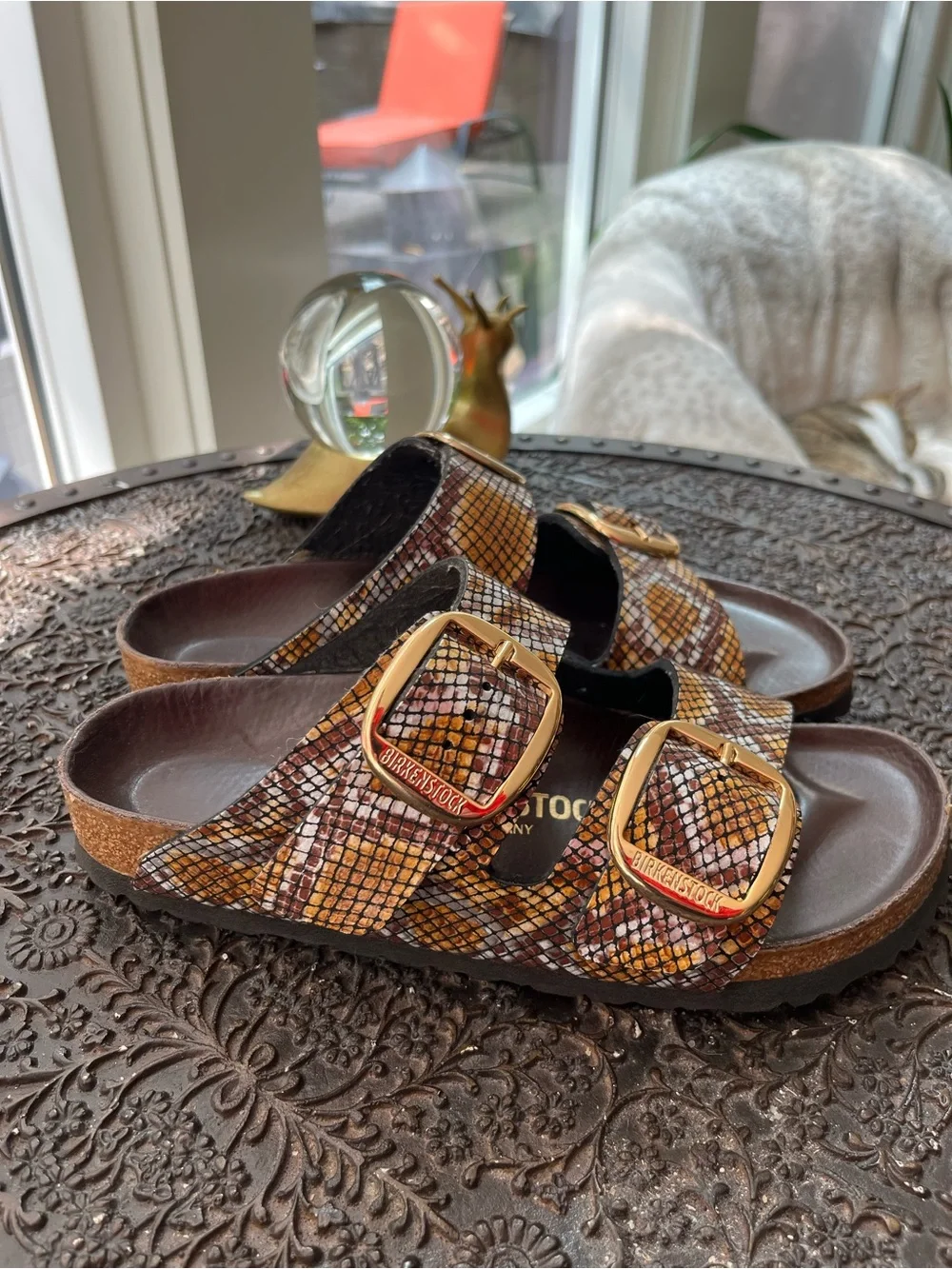 BIRKENSTOCK ARIZONA BIG BUCKLE SANDALS IN PYTHON BROWN 37 6